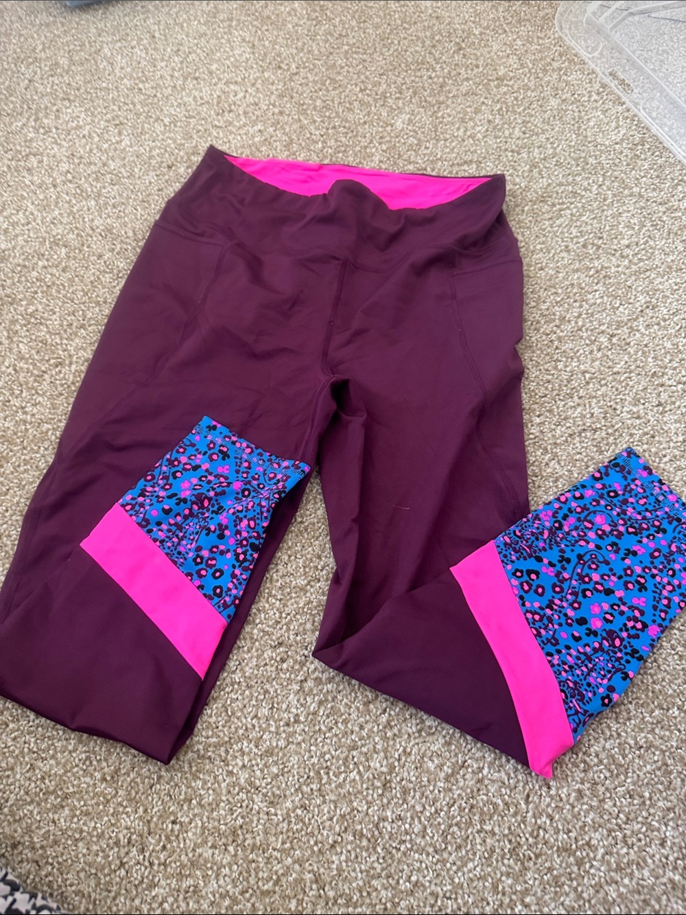 Maroon Active Leggings with Pink & Blue Accent